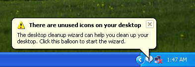 Windows XP there are unused icons on your desktop notification.